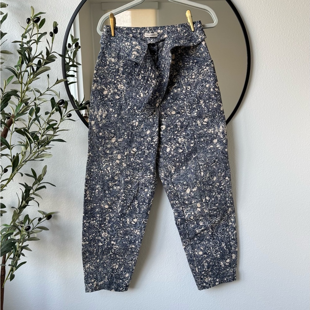 Ulla Johnson Blue Patterned Paperbag High Waist Ankle Pants, Women’s 6